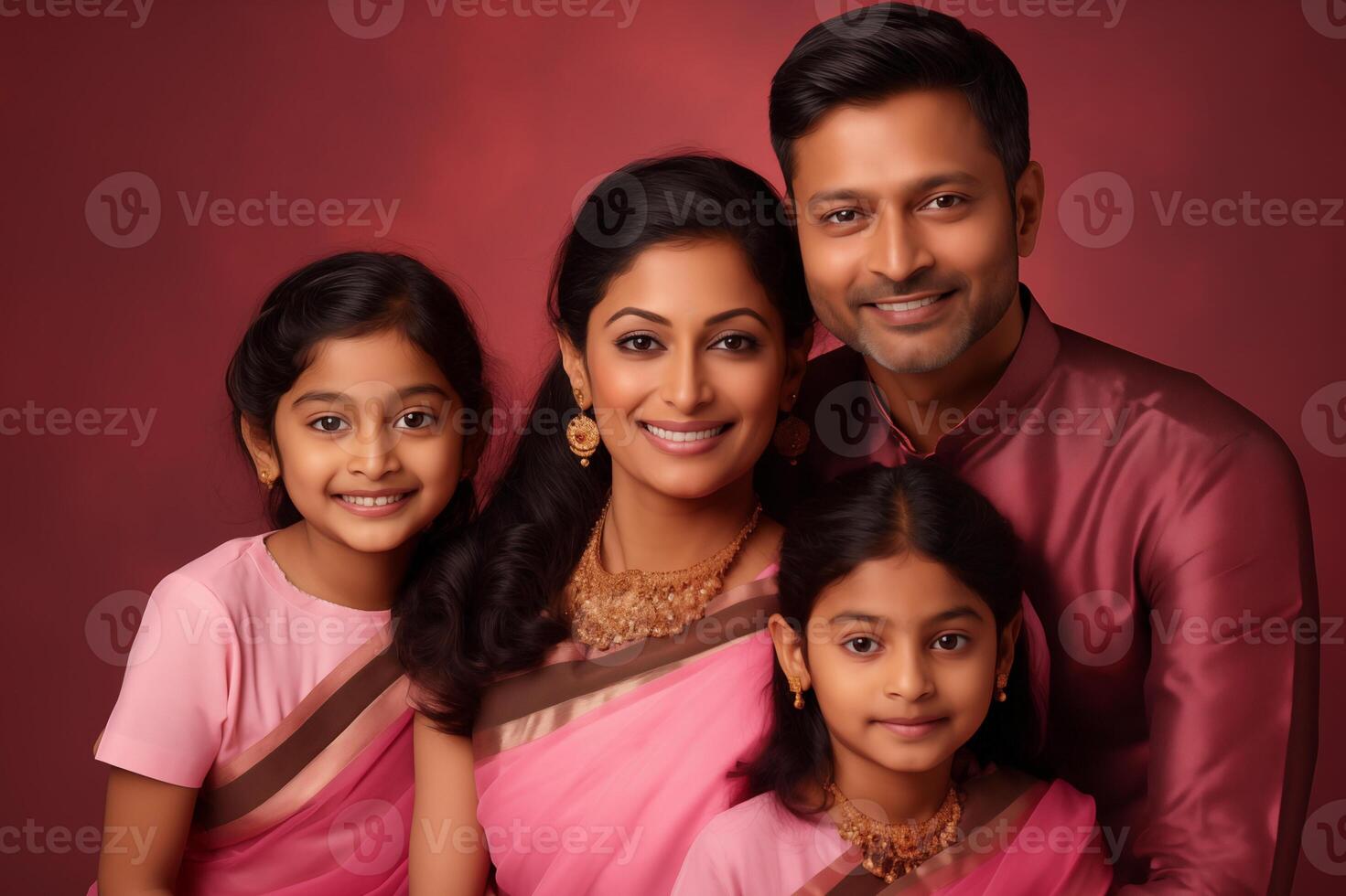 ai généré illustration photo portrait de magnifique Indien famille. Parents avec des gamins sur studio Contexte