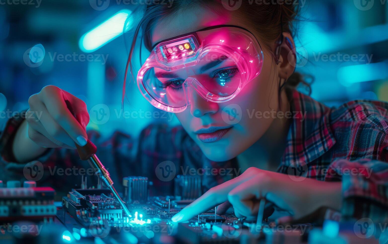 ai généré femelle soudure électronique circuit planche portant néon rose sécurité des lunettes de protection photo