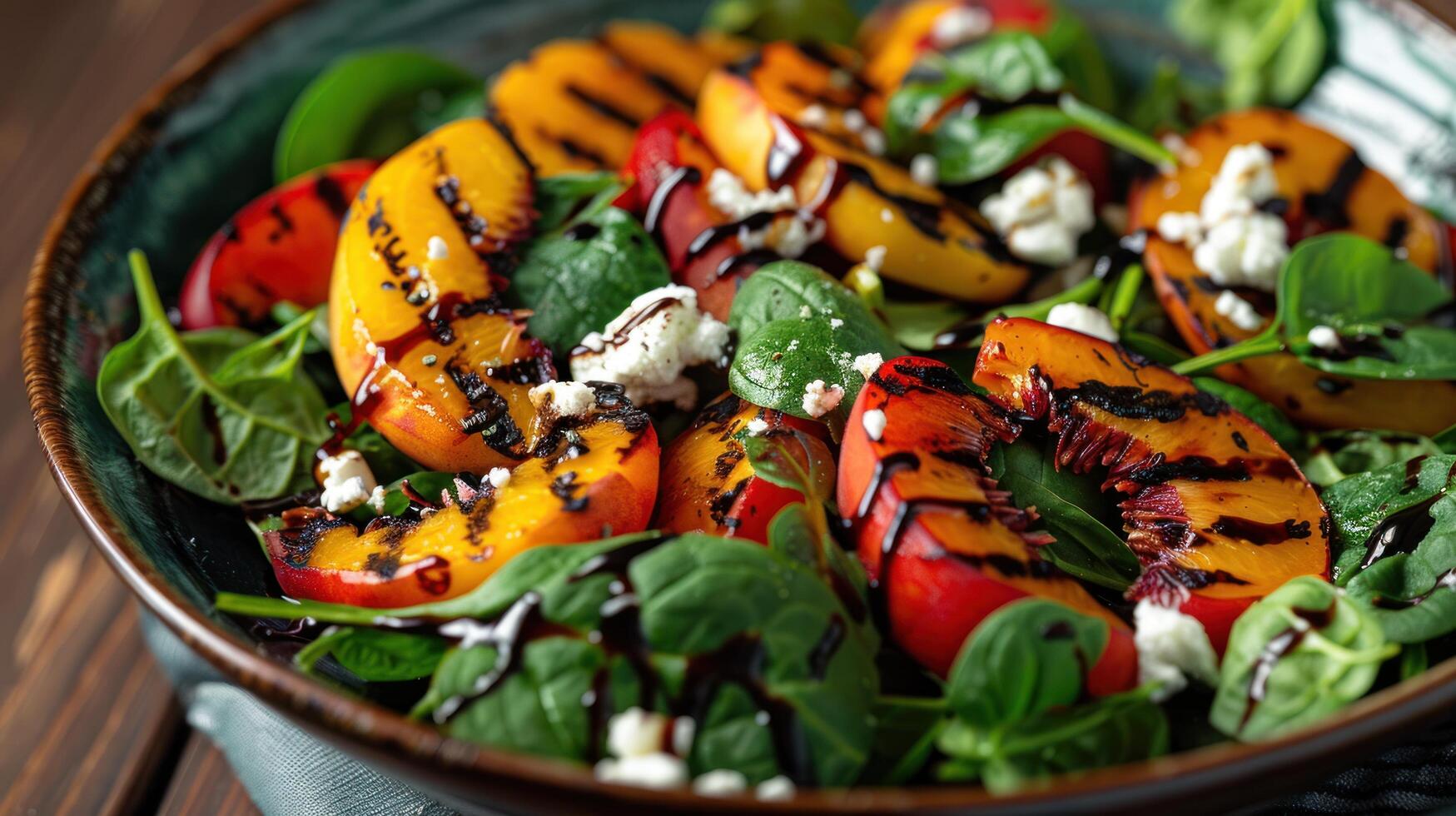 ai généré une coloré salade avec épinard, grillé les pêches, chèvre fromage, et une balsamique glaçage photo