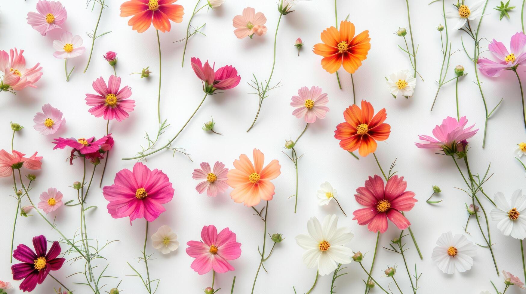 ai généré une faire le ménage, blanc Contexte avec une délicat modèle de petit, coloré fleurs photo