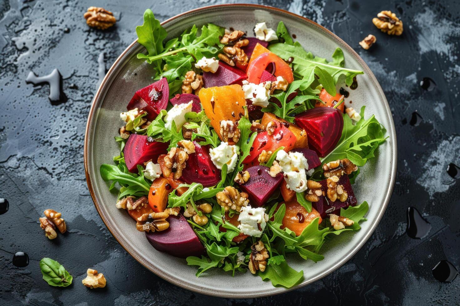 ai généré une coloré salade avec rôti betteraves, chèvre fromage, noix, et une balsamique glaçage photo