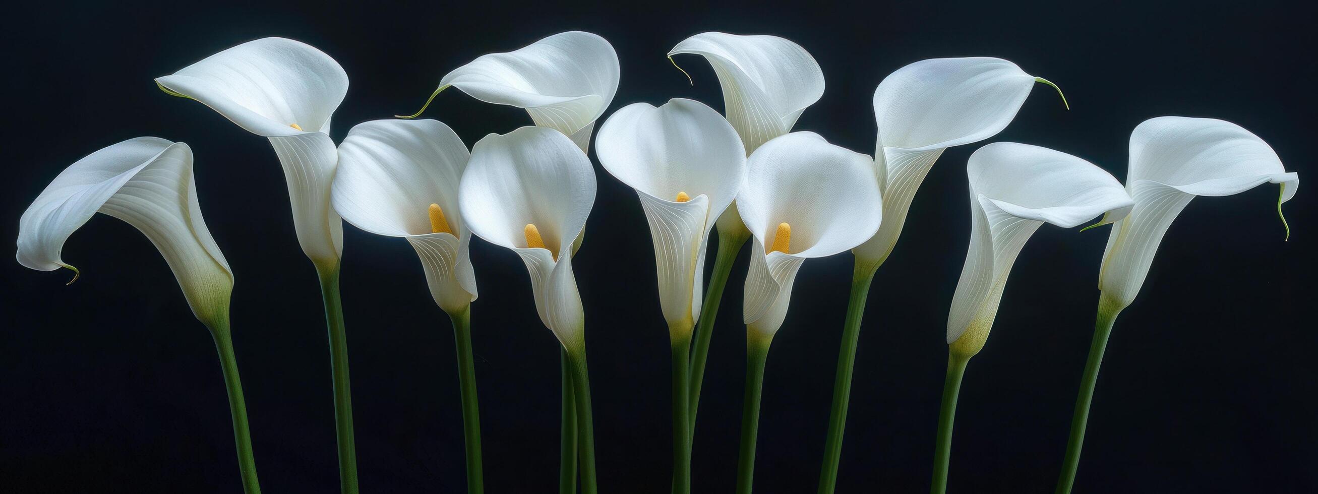 ai généré blanc calla lis dans une noir Contexte photo