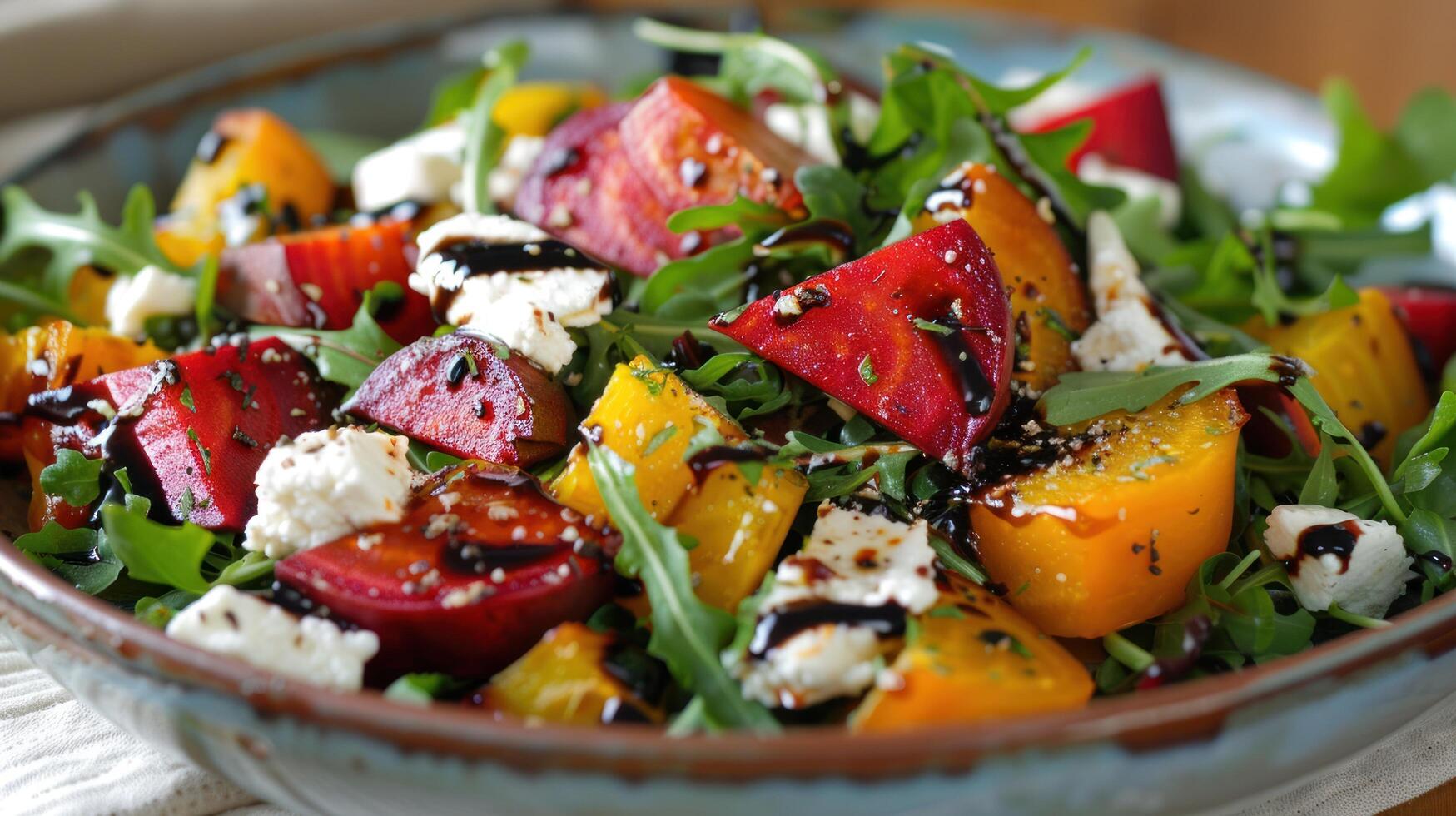 ai généré une vibrant salade avec roquette, rôti betteraves, chèvre fromage, et une balsamique glaçage photo