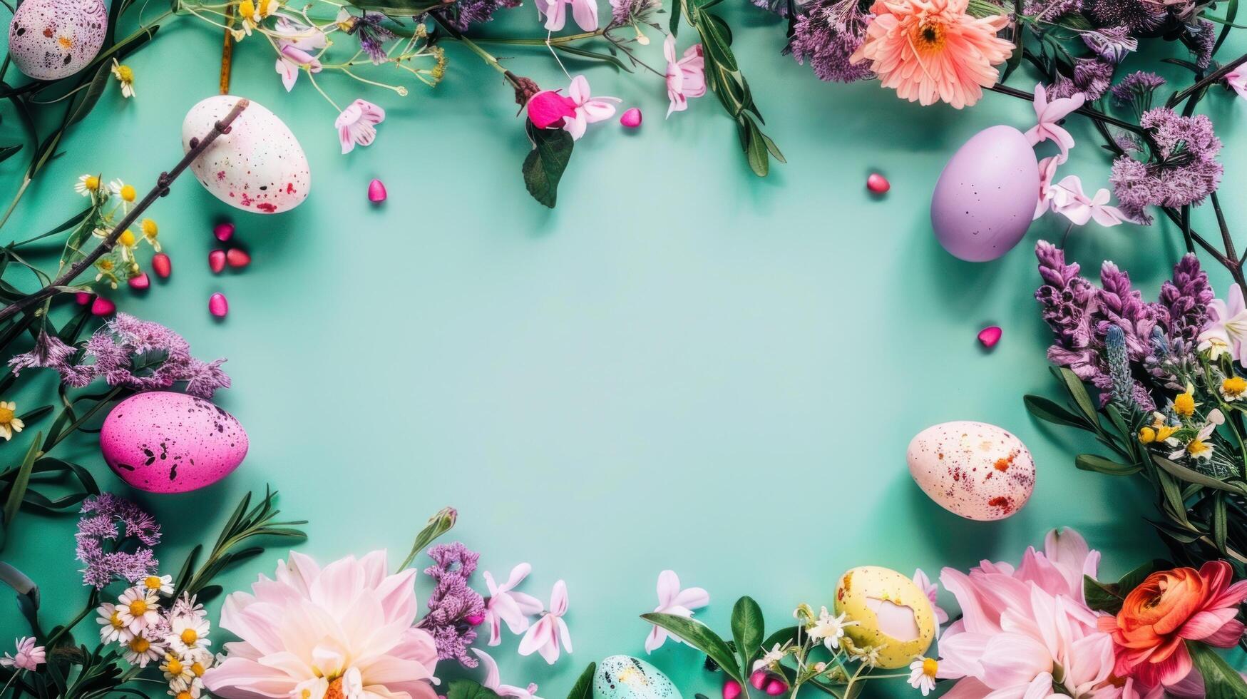 ai généré une vibrant Pâques scène avec épanouissement fleurs, peint œufs, et une central texte espace photo
