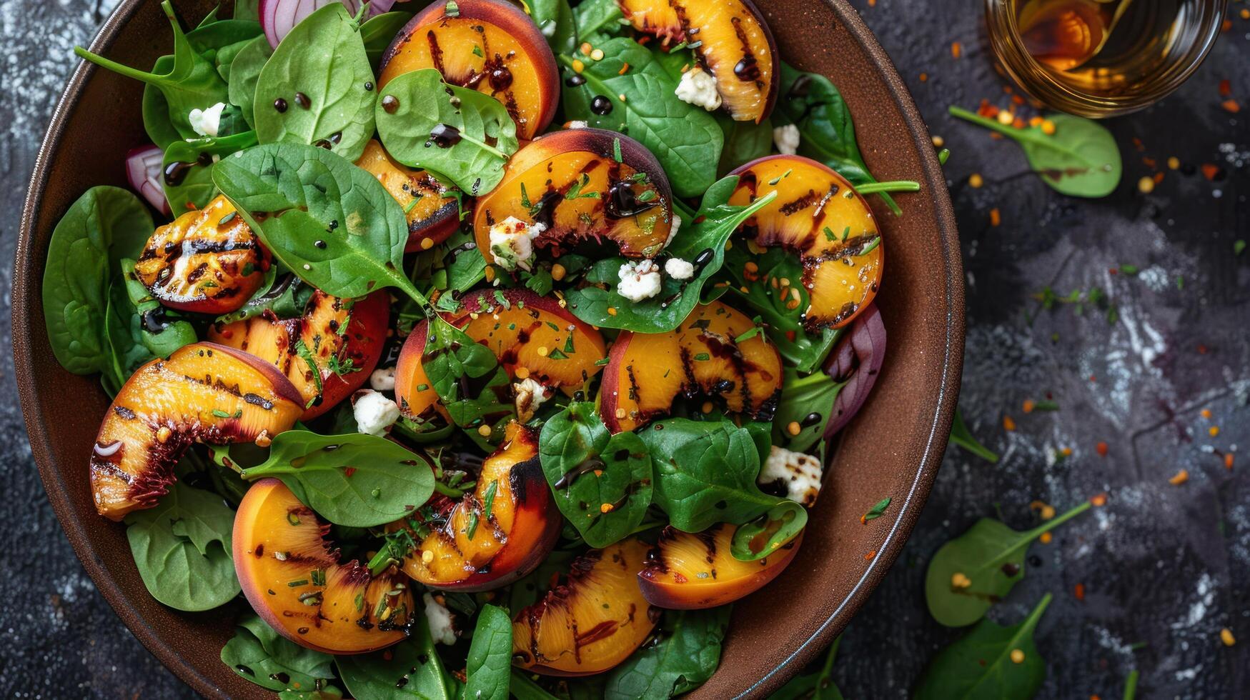 ai généré une coloré salade avec épinard, grillé les pêches, chèvre fromage, et une balsamique glaçage photo