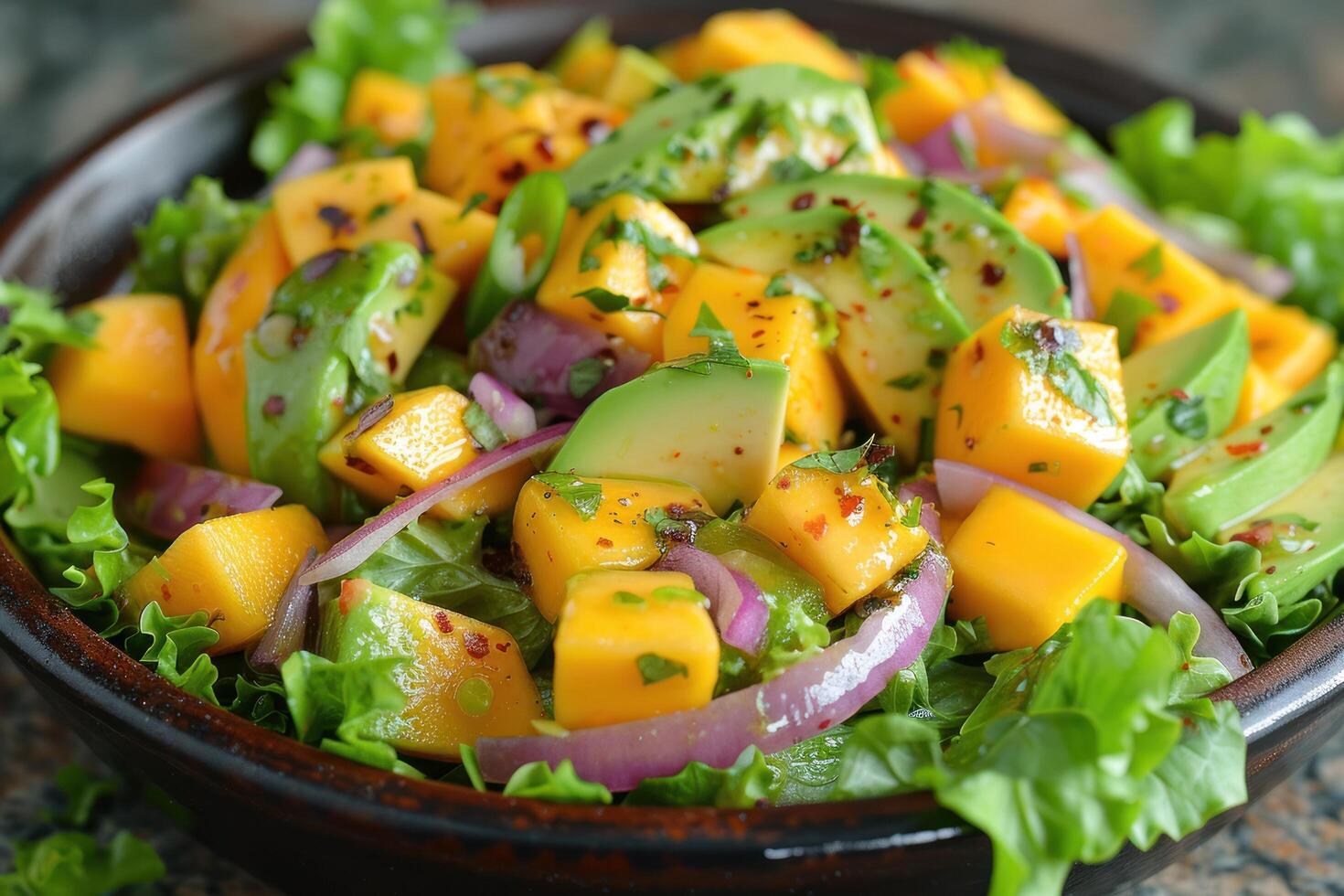 ai généré une rafraîchissant salade avec mixte légumes verts, mangue, avocat, rouge oignon, et une coriandre-lime pansement photo