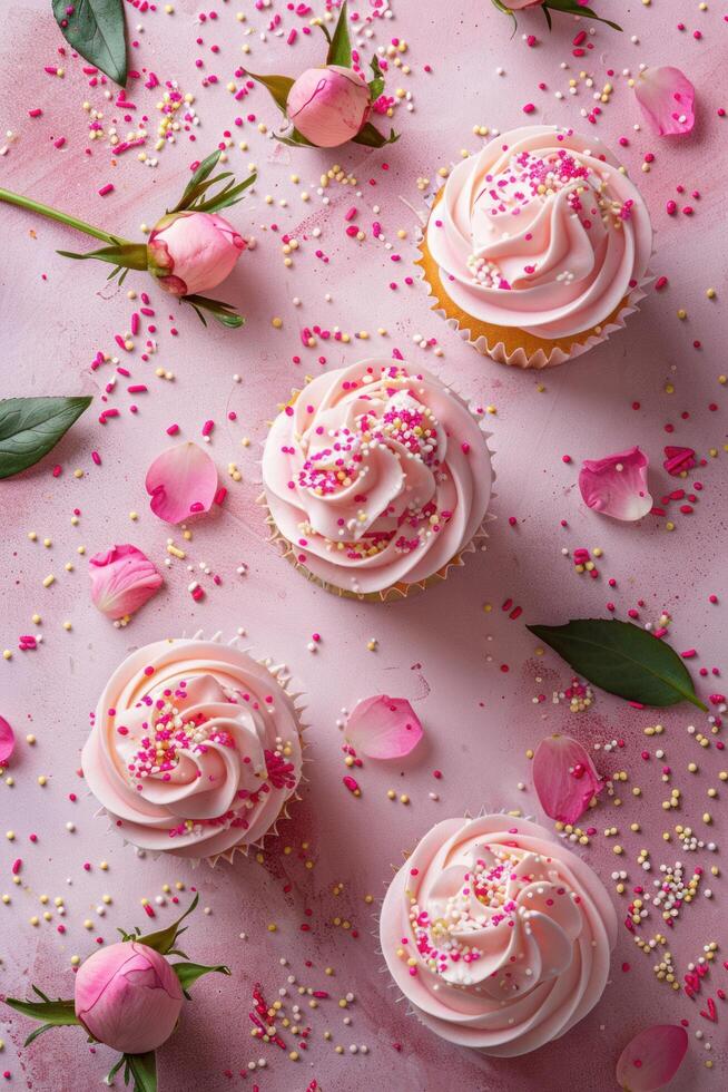 ai généré international aux femmes journée. une de haut en bas image avec rose pivoine boutons de rose et arrose sur une pastel rose Contexte photo