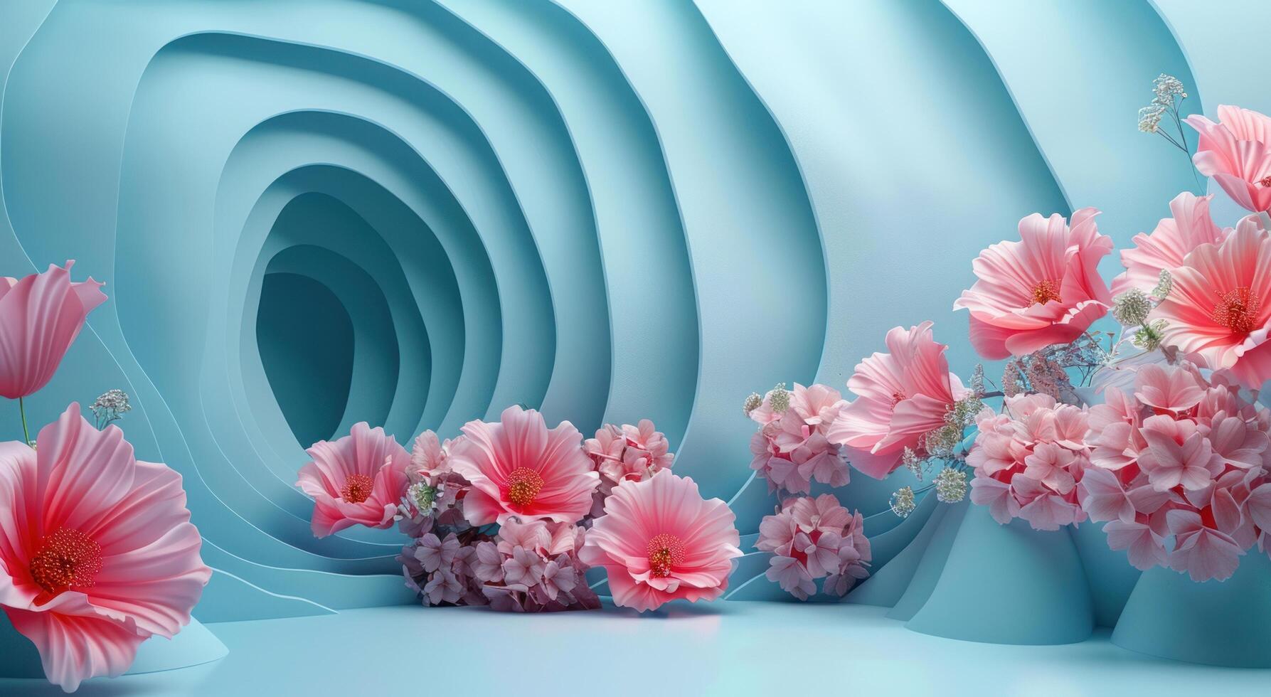 ai généré un vide bleu trou avec une bouquet de fleurs photo