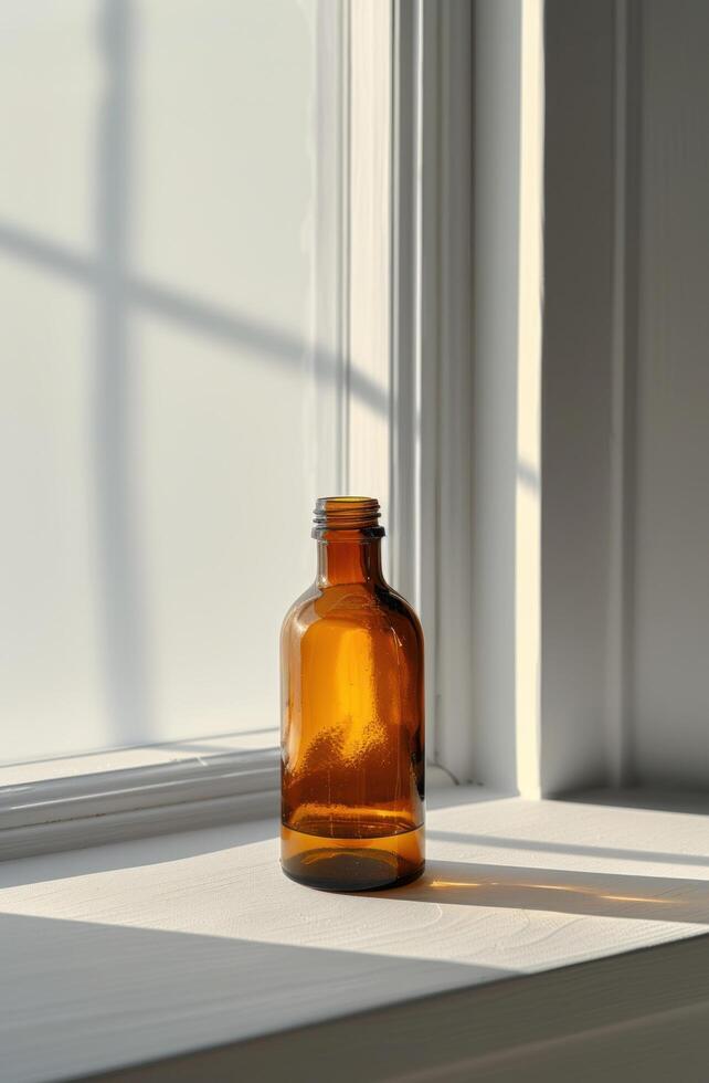 ai généré une marron embouteillée séance dans une blanc fenêtre photo