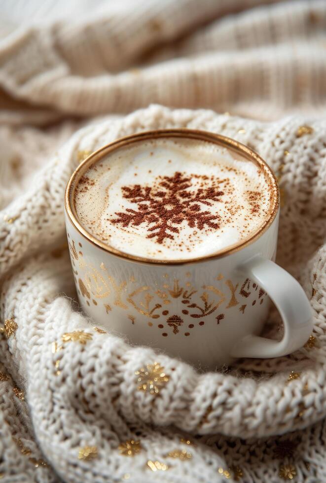 ai généré tasse de chaud cacao sur une la laine chandail ensemble contre flocons de neige photo