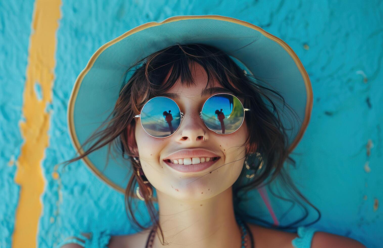 ai généré une adolescent fille portant une bleu chapeau et des lunettes de soleil souriant photo