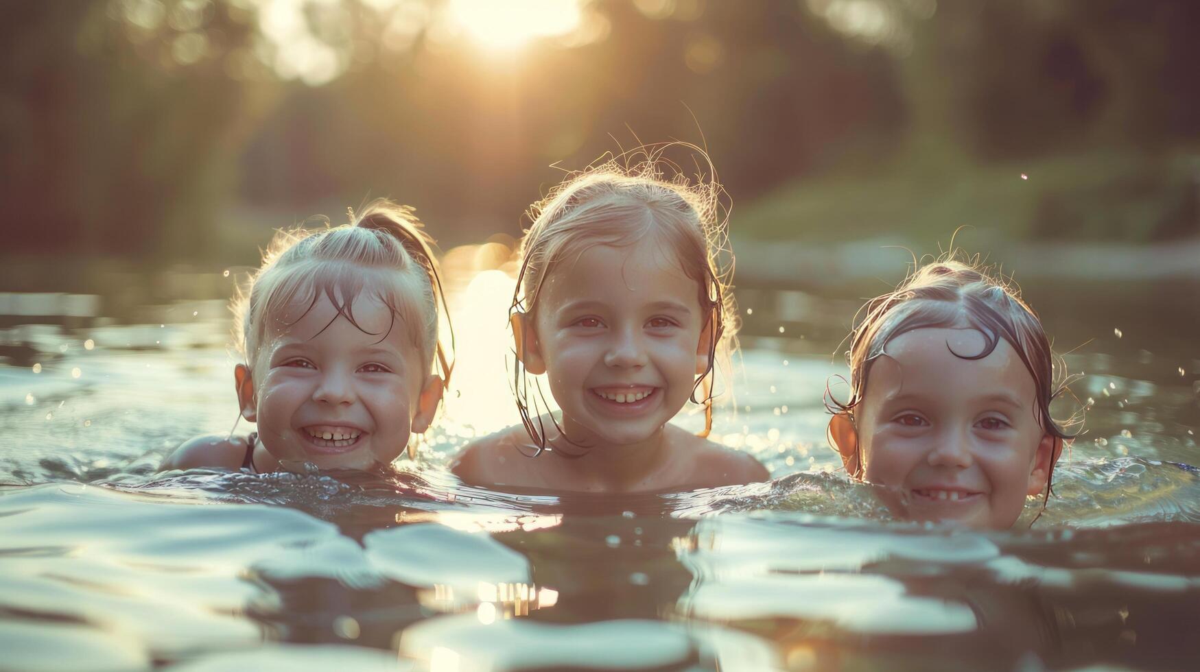 ai généré Trois adorable Jeune les filles prendre plaisir nager dans le Lac photo