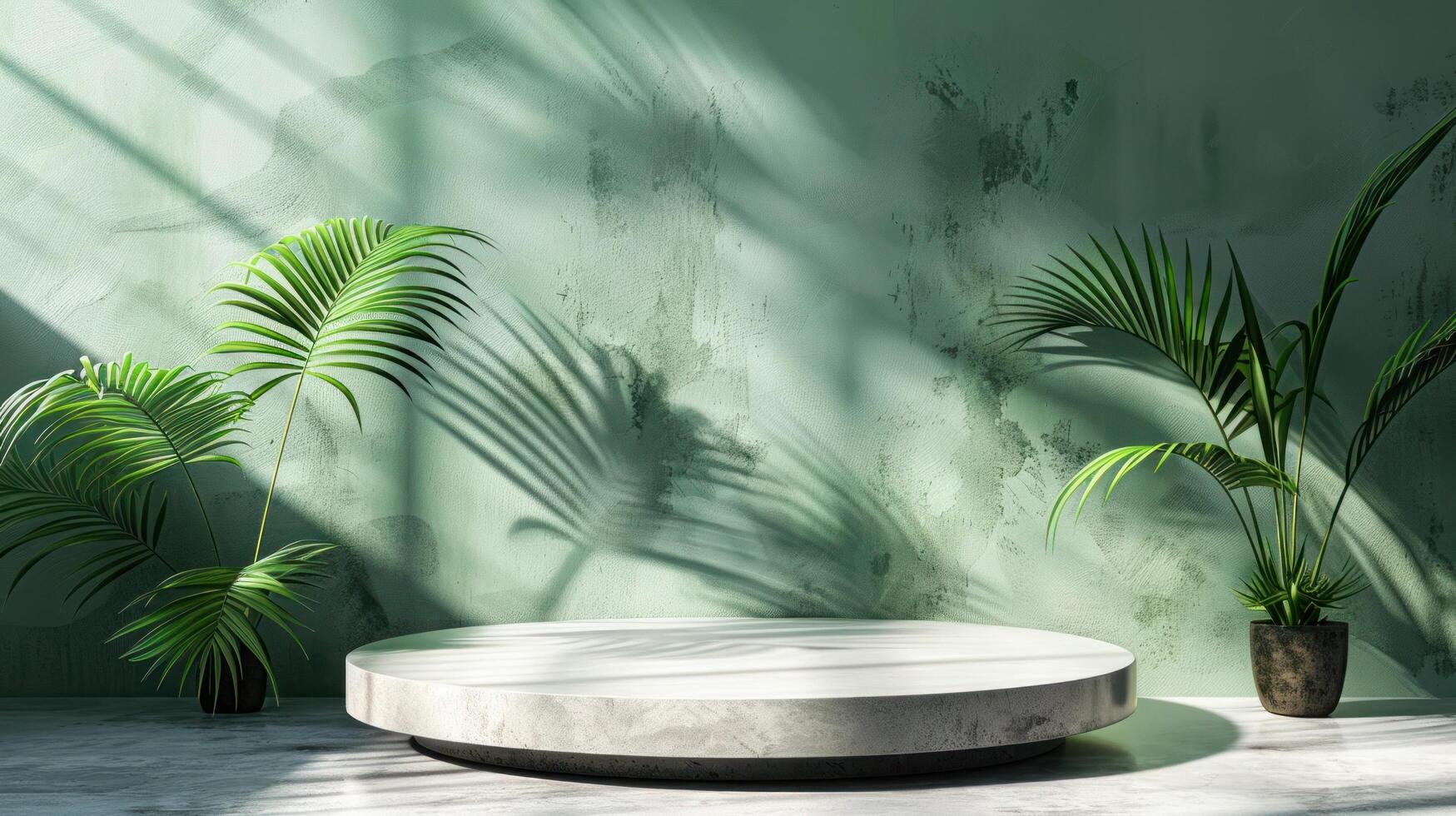 ai généré prime podium avec une ombre de tropical paume feuilles contre une pastel vert mur et une lisse gris table photo