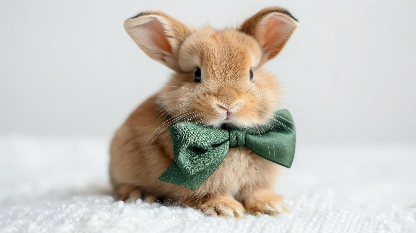 ai généré une marron bébé lapin portant une vert arc sur une blanc Contexte photo