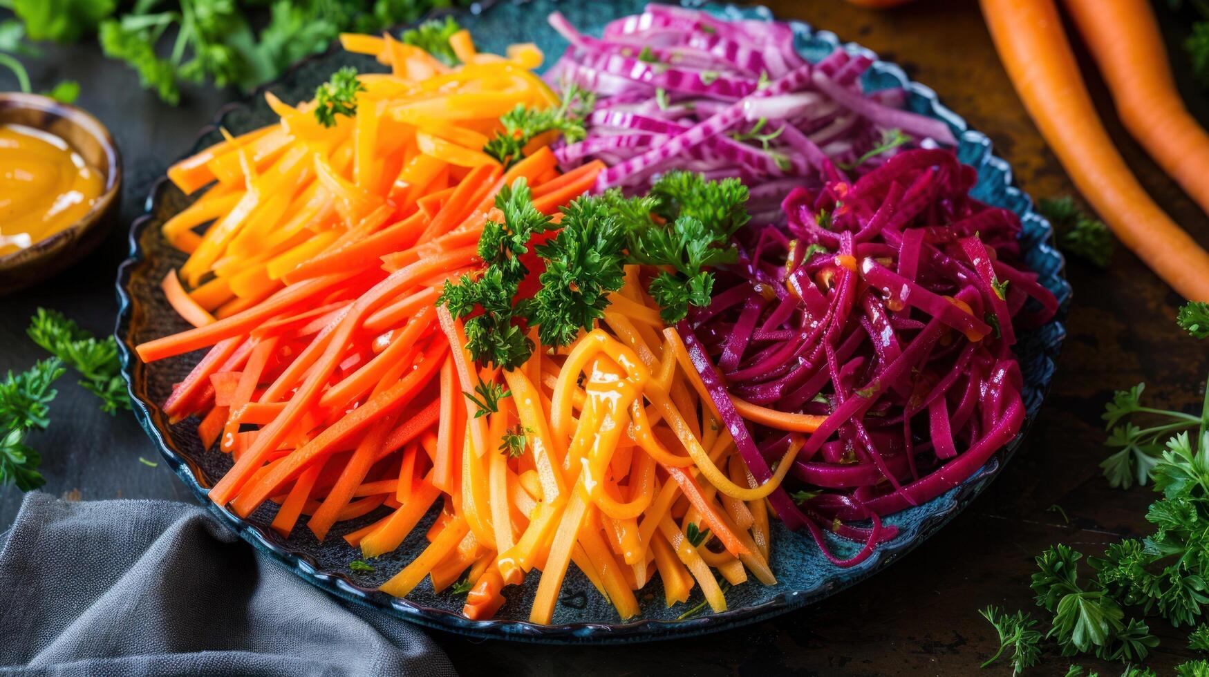 ai généré une arc en ciel carotte salade, avec une mélanger de orange, violet, et Jaune carottes, rasé dans rubans et habillé photo