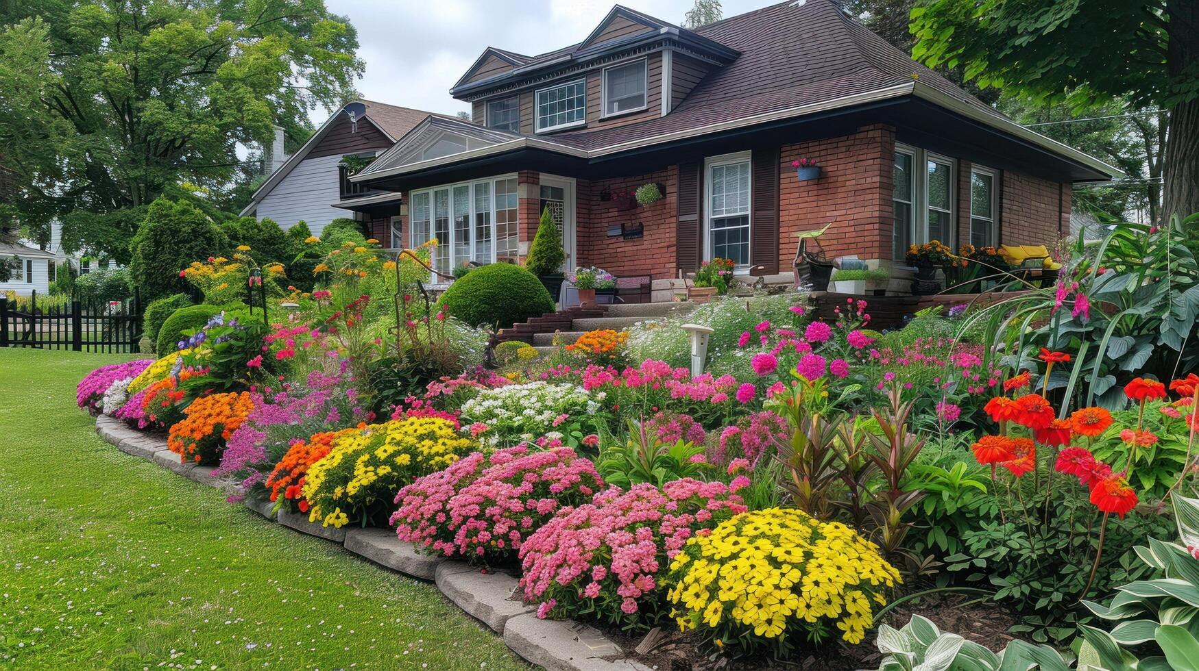 ai généré une bien entretenu maison et jardin se vanter vibrant annuel et vivace fleurit, une coloré et pittoresque afficher photo