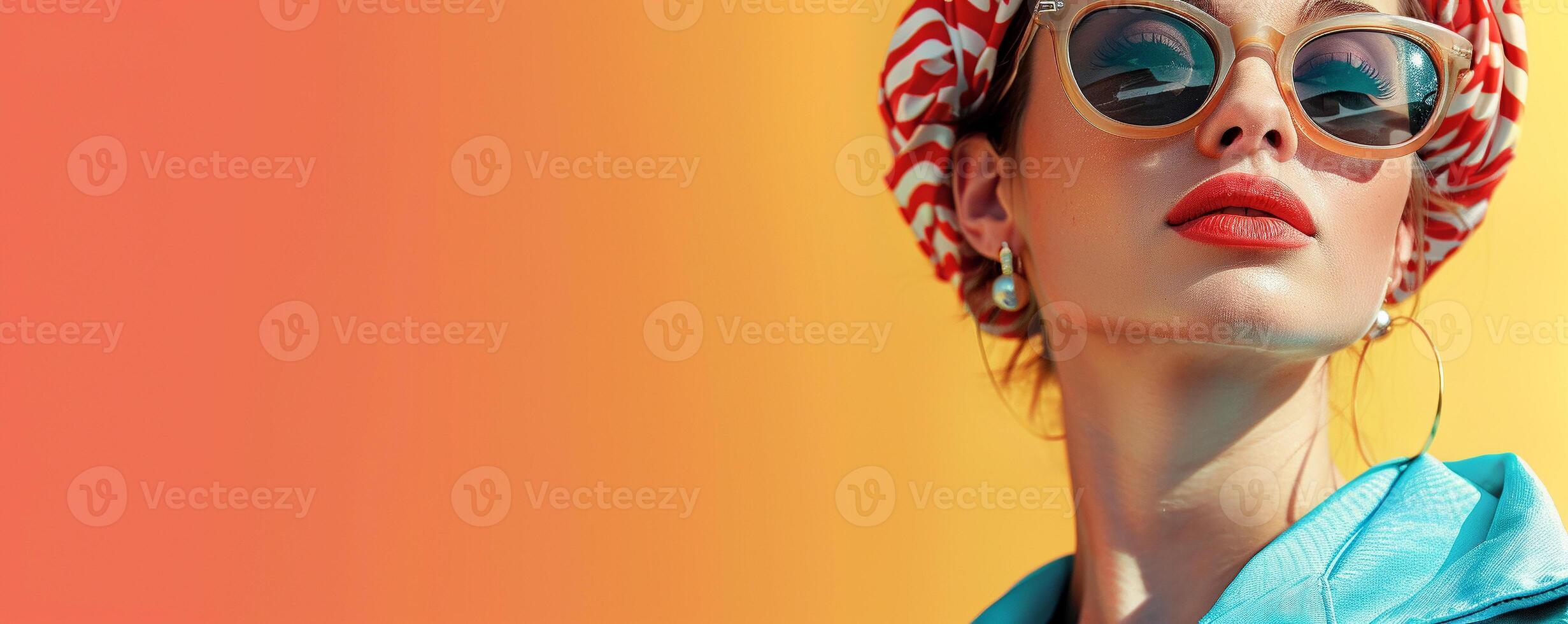 ai généré mode vers l'avant femelle avec audacieux rouge lèvres, portant des lunettes de soleil et une coloré foulard contre une vibrant Orange Contexte photo