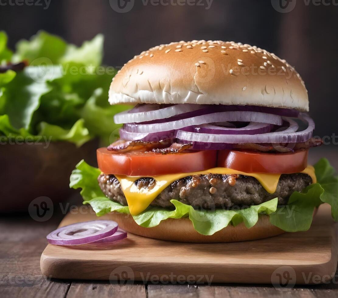 ai généré fermer de une Hamburger avec sésame la graine chignon, laitue, tomates, rouge oignons, bacon, et une du boeuf petit pâté sur une en bois surface avec salade feuilles dans le Contexte photo