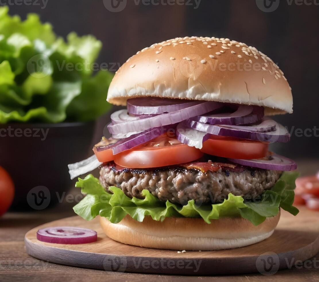 ai généré fermer de une Hamburger avec sésame la graine chignon, laitue, tomates, rouge oignons, bacon, et une du boeuf petit pâté sur une en bois surface avec salade feuilles dans le Contexte photo