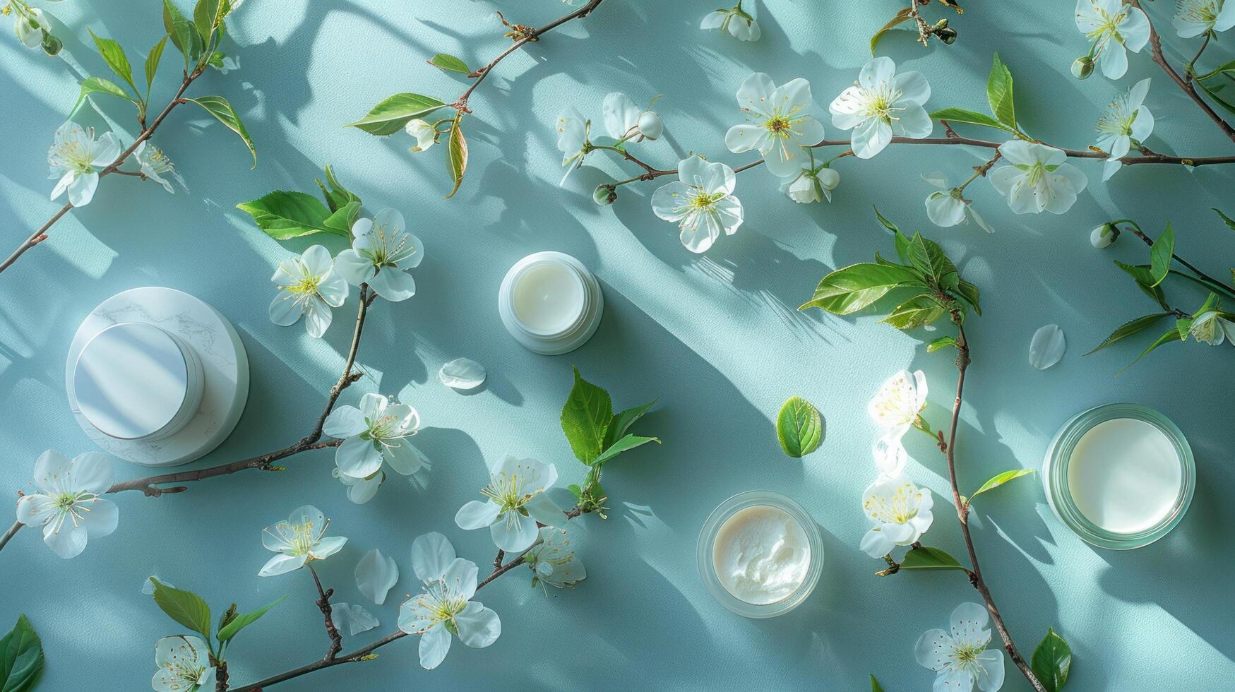 ai généré un élégant réglage mettant en valeur faciale cosmétique des produits, feuilles, et Cerise fleurs sur une bleu bureau photo