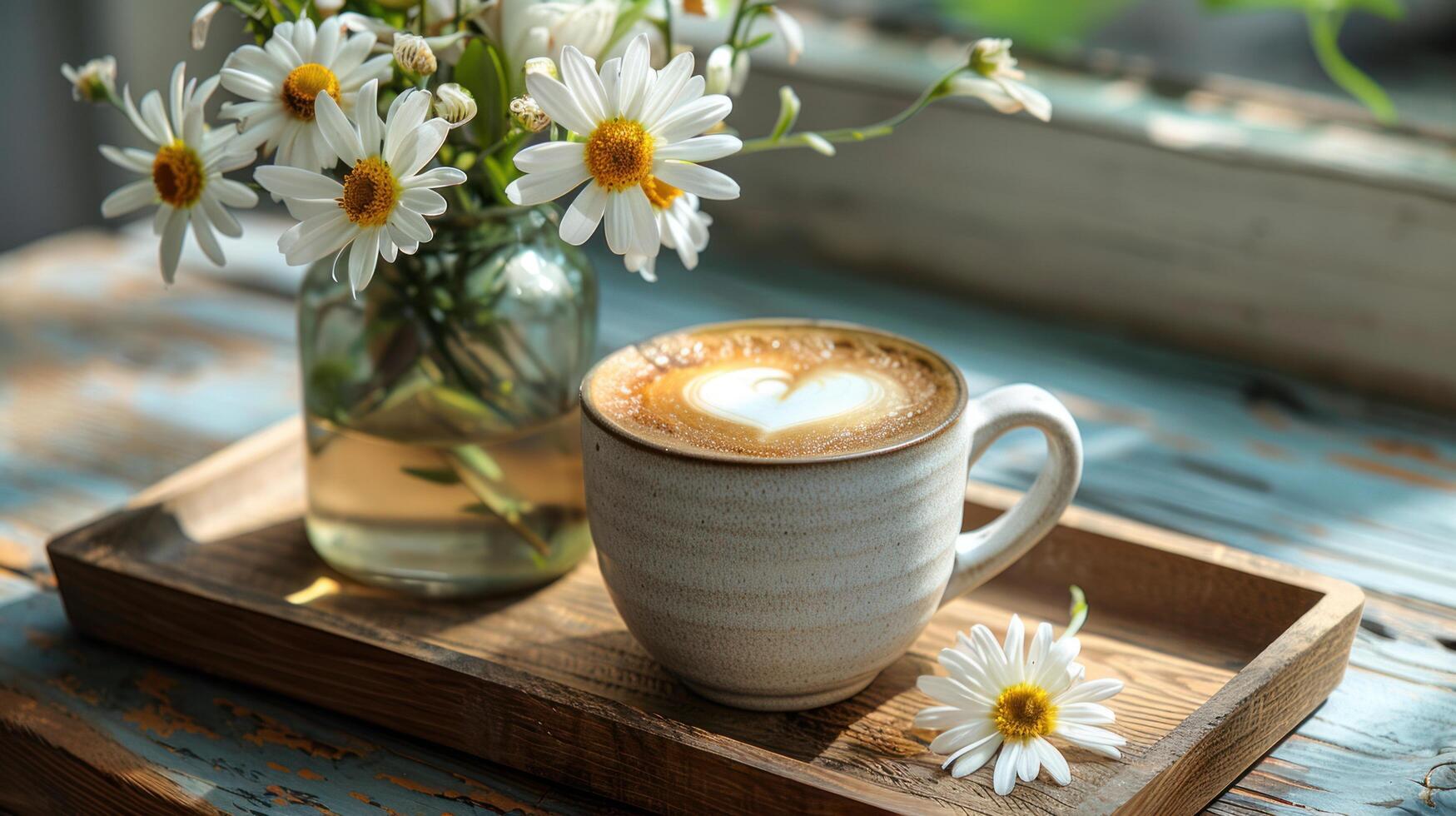 ai généré une café tasse avec une en forme de coeur mousse, servi sur une en bois plateau avec une vase de printemps fleurit photo