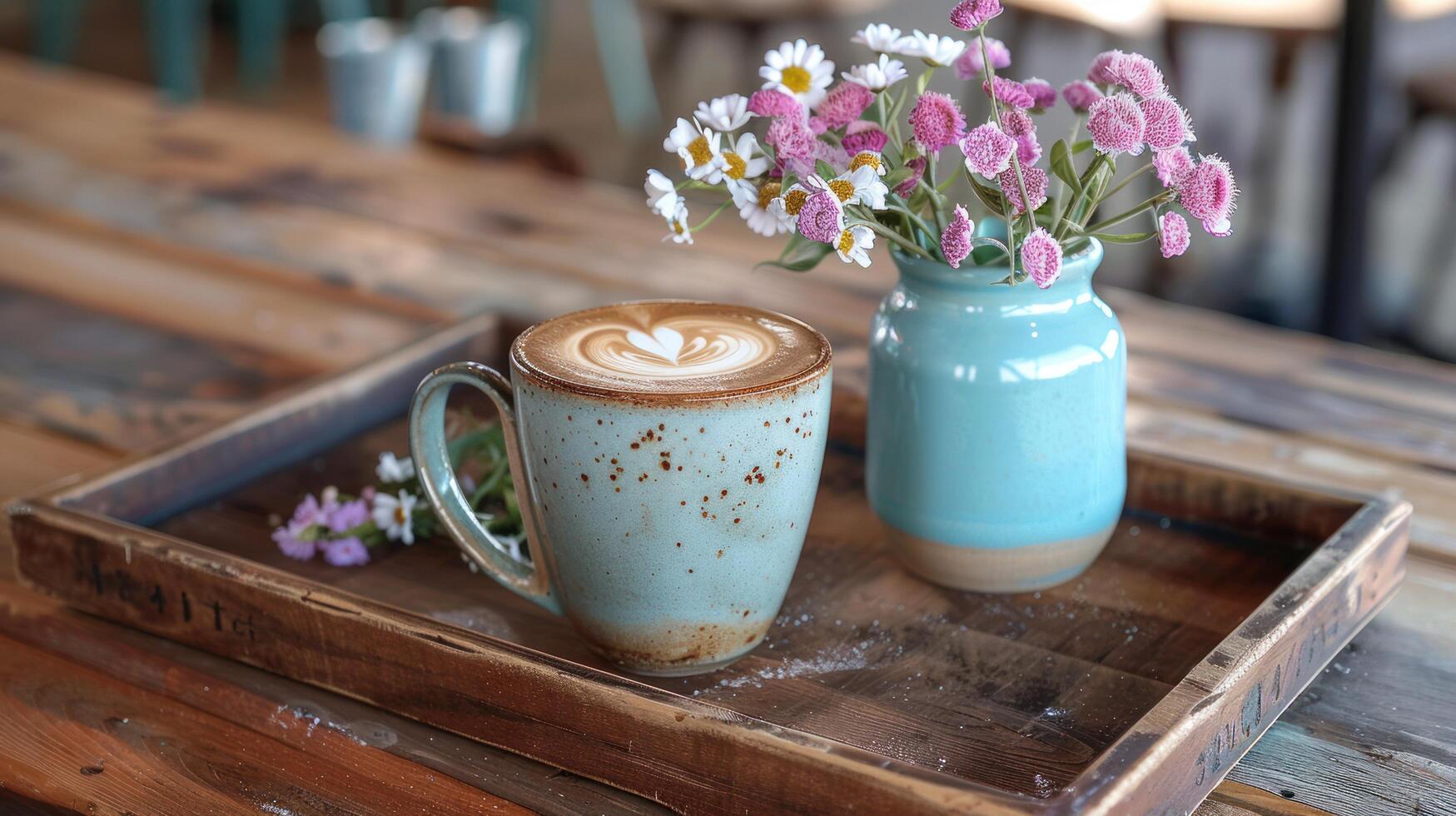 ai généré une café tasse avec une en forme de coeur mousse, servi sur une en bois plateau avec une vase de printemps fleurit photo