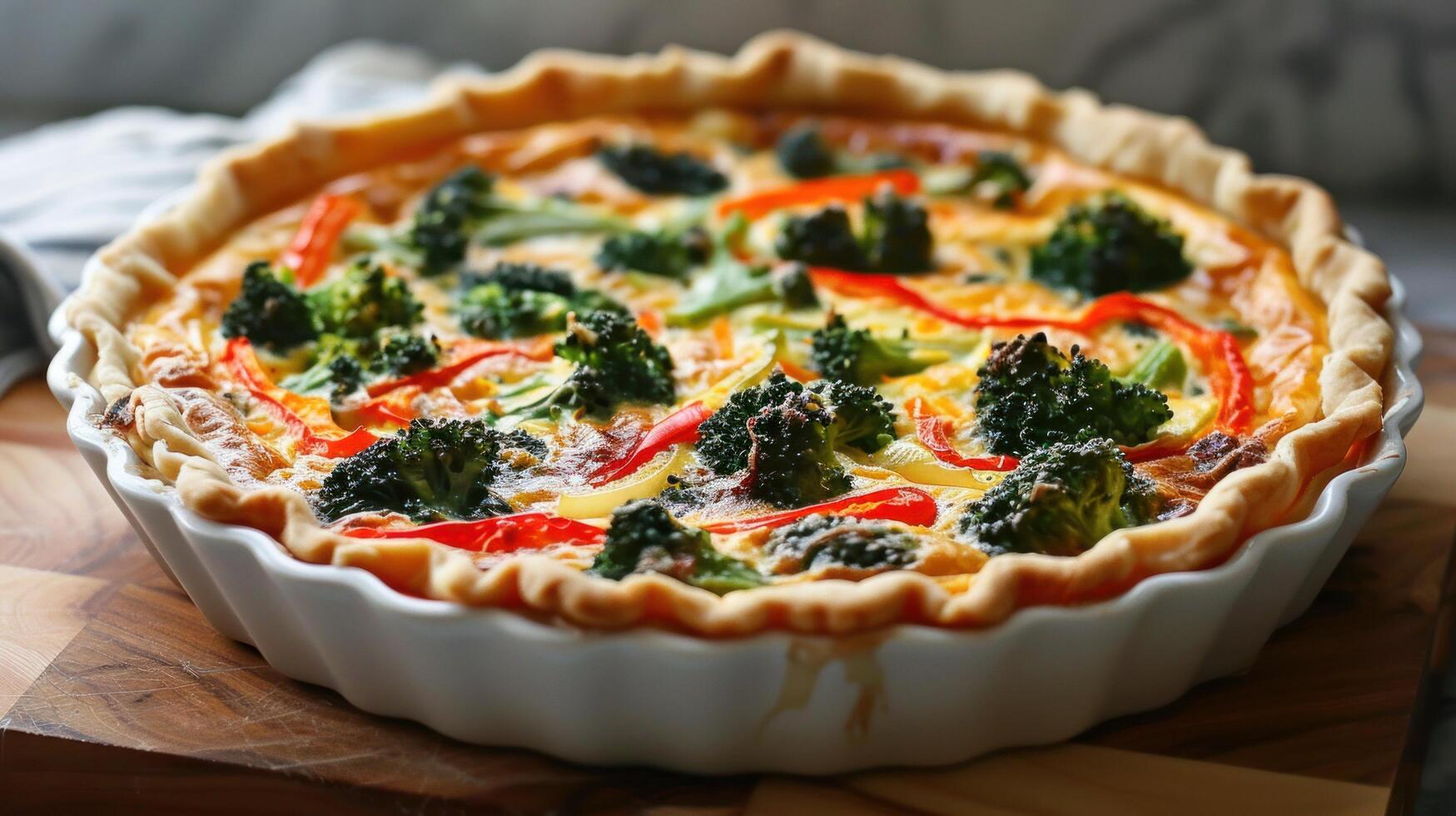 ai généré une printemps légume Quiche, avec une floconneux croûte et une remplissage de brocoli, cloche poivrons, et Cheddar fromage photo