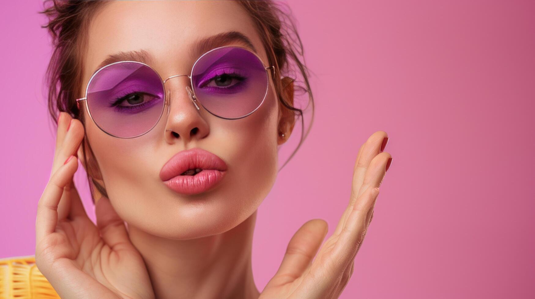 ai généré une étourdissant mode modèle fille, orné dans violet des lunettes de soleil et vibrant maquillage photo