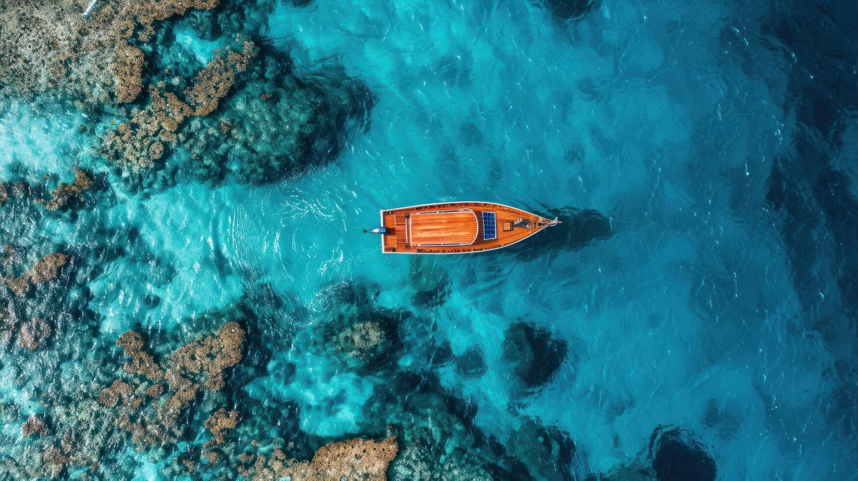 ai généré une classique en bois bateau voile dans le tranquille des eaux de le corail mer, capturé de au dessus par une drone photo