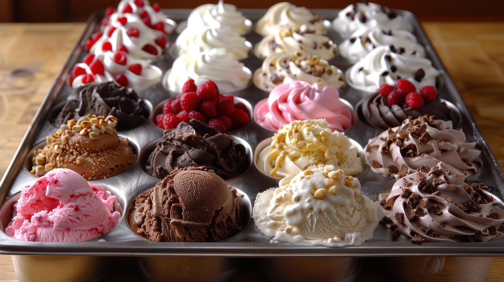 ai généré une sundae bar, avec divers les saveurs de la glace crème et une variété de garnitures pour les clients à choisir de photo