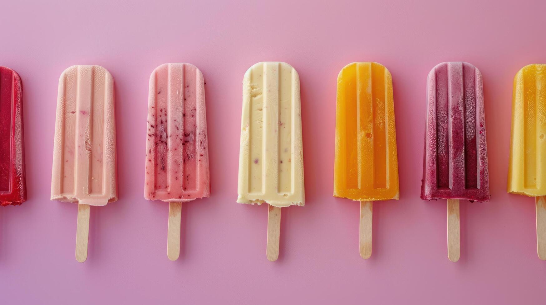 ai généré fruité popsicle la glace crème sur une pastel arrière-plan, présenté dans une plat allonger conception photo