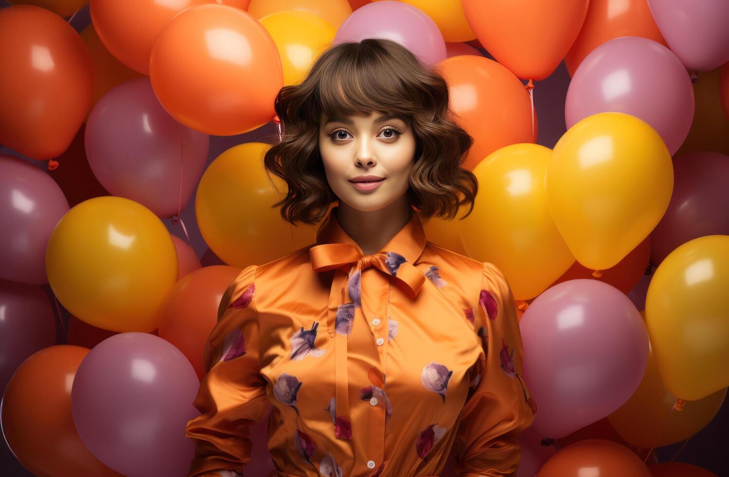 ai généré une fille en portant nombreuses coloré des ballons sur un Orange Contexte photo