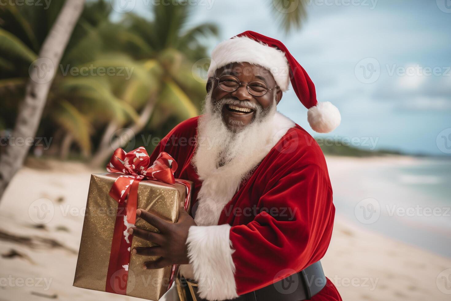 ai généré de bonne humeur afro américain Père Noël claus avec une cadeau sur une tropical plage photo