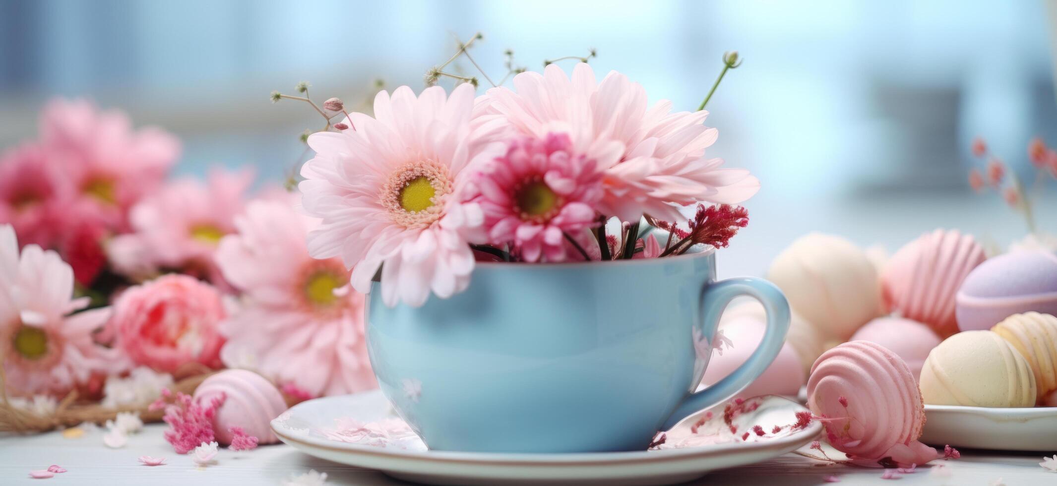 ai généré Pâques et fleurs table dans bleu tasse Stock métrage photo