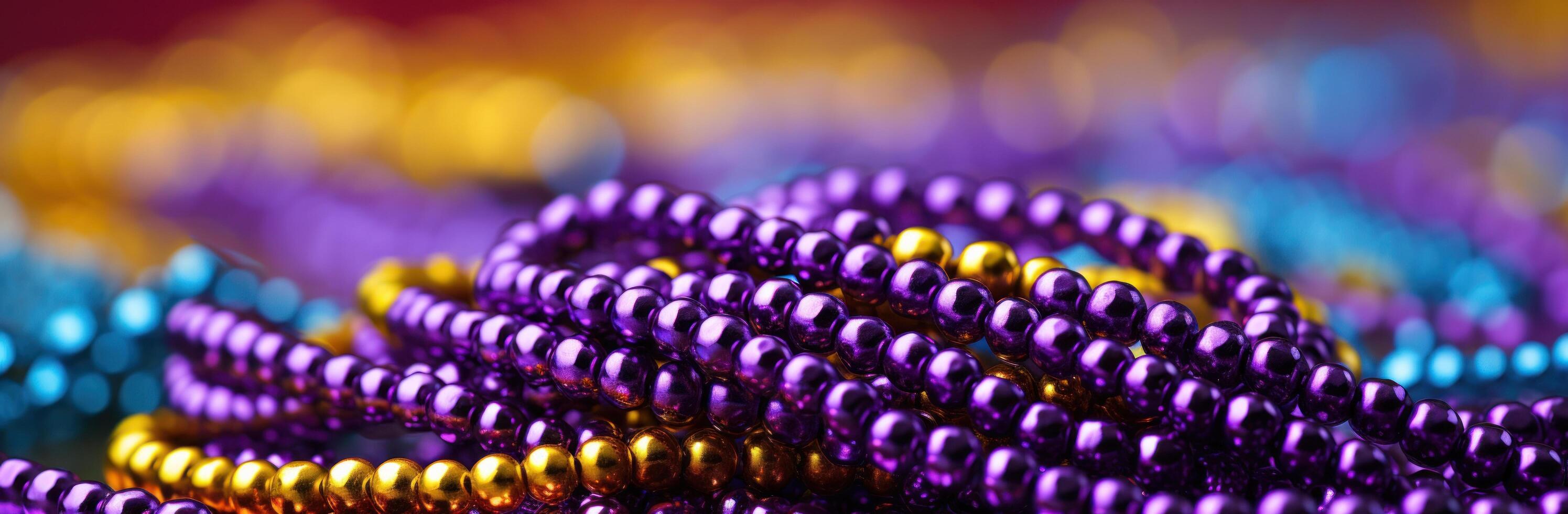 ai généré mardi gras perles sur une violet Contexte photo