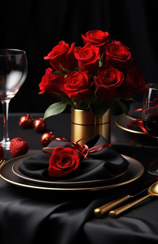 ai généré Valentin journée table réglage avec du vin des lunettes et rouge des roses photo