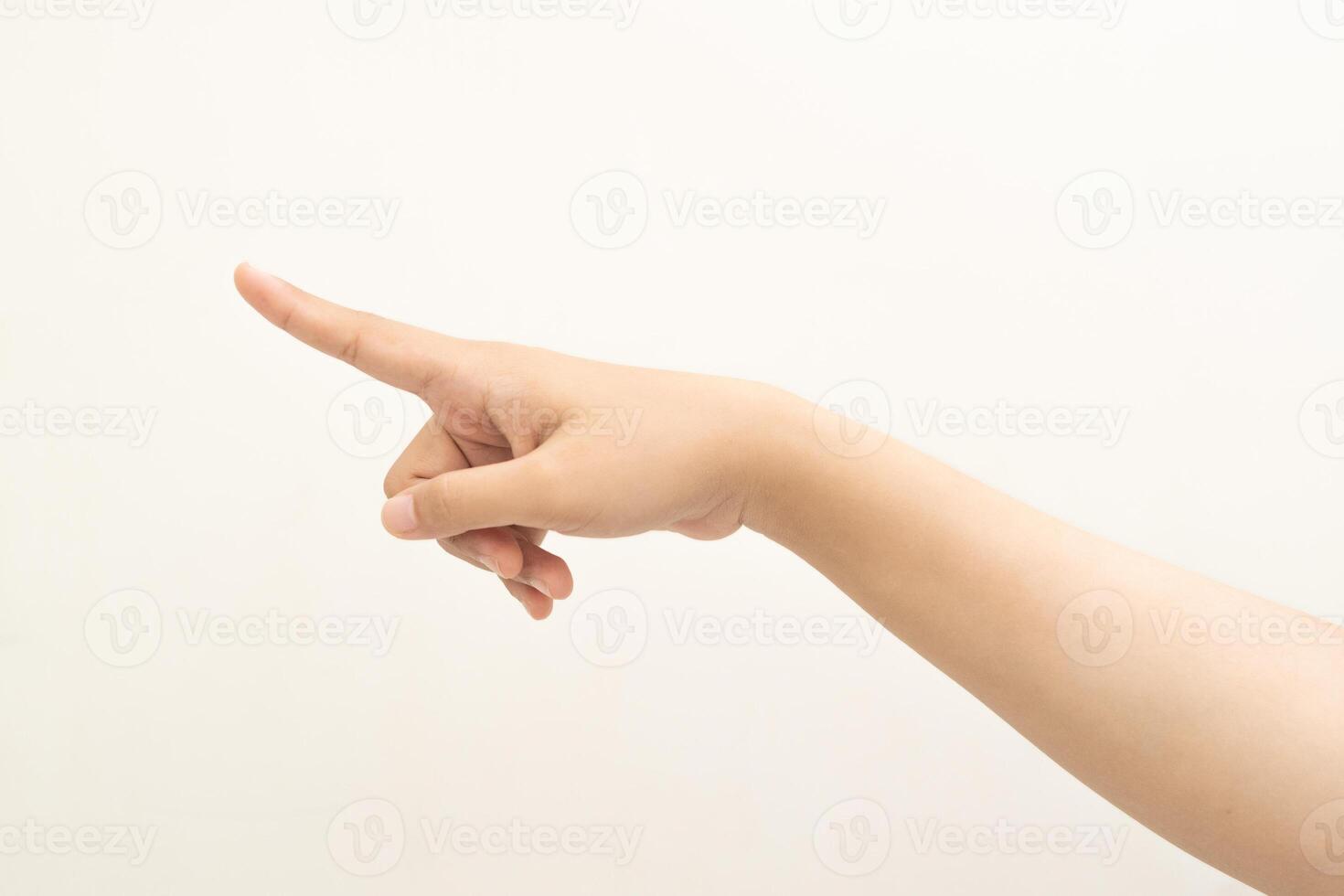 main montrer du doigt à quelque chose sur blanc Contexte photo