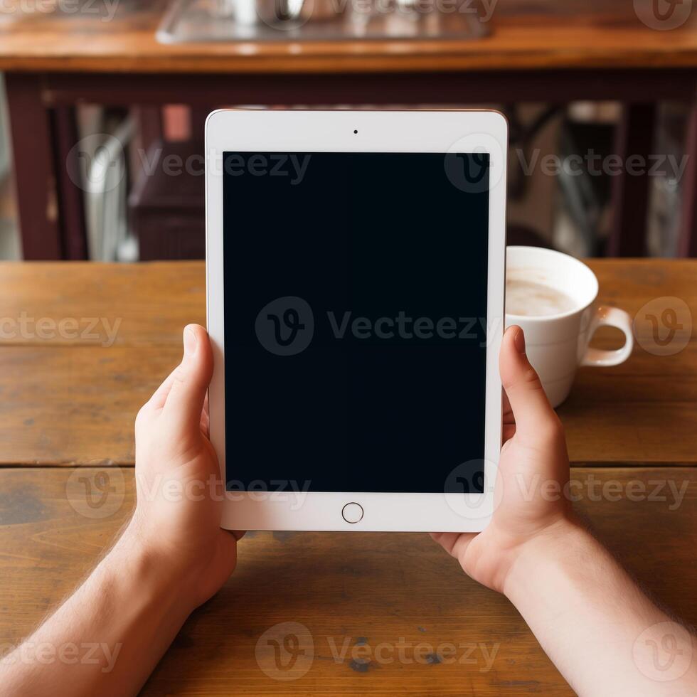 ai généré mains en portant tablette avec Vide écran sur en bois table Contexte photo