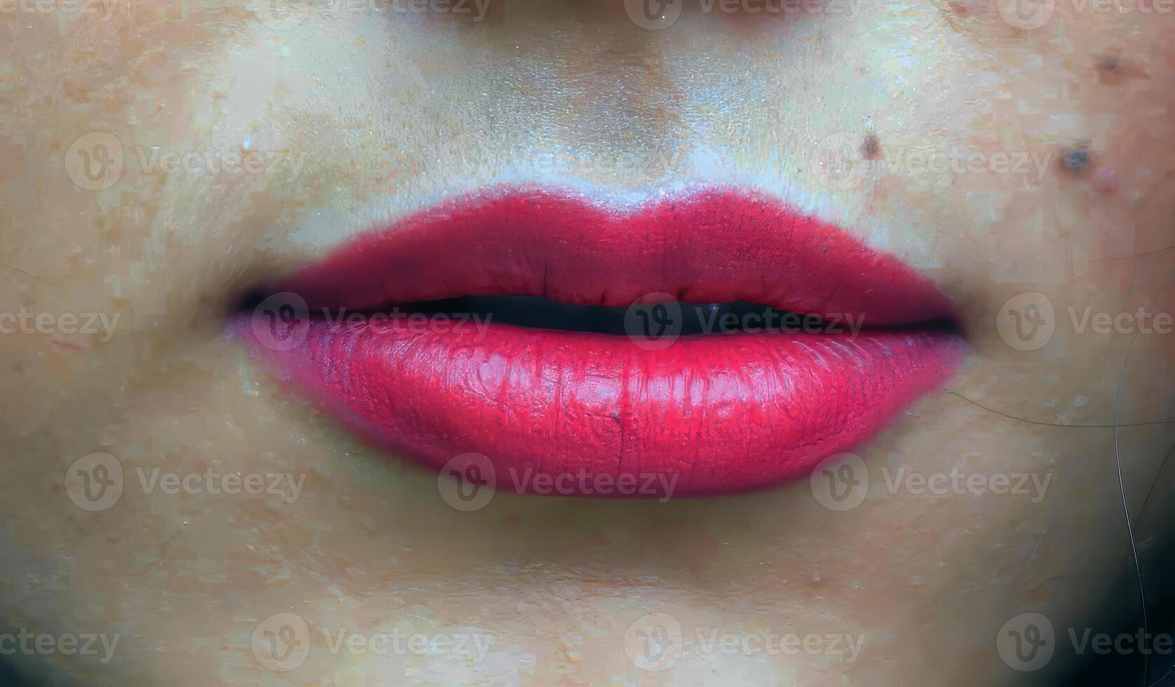 sexy lèvres proche vue photo, femelle lèvres avec rouge à lèvres fermer arrière-plan, visage détail portrait photo