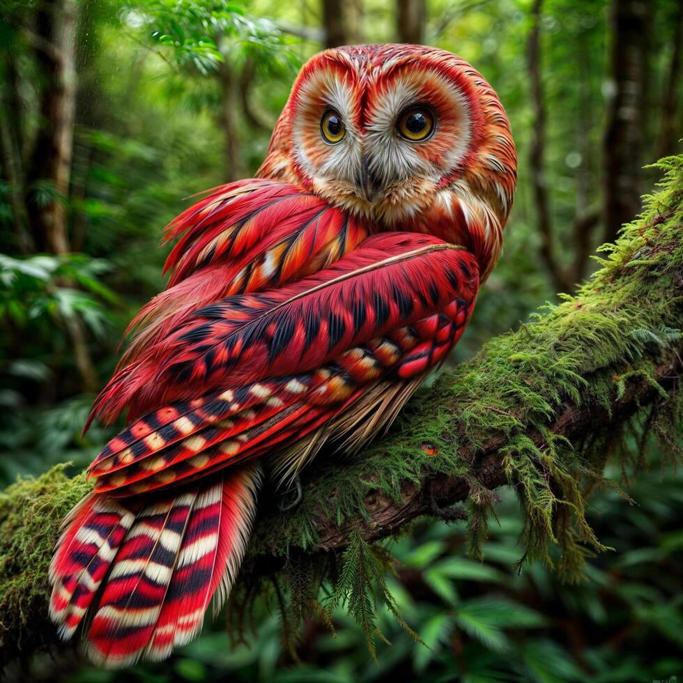 ai généré cramoisi ailes le énigmatique conte de le rouge hibou hybride photo