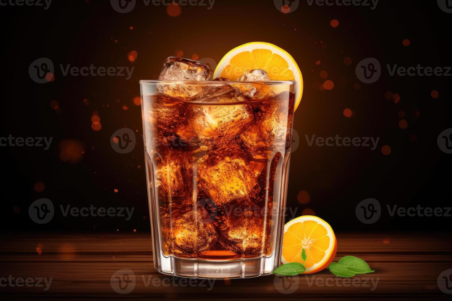 ai généré limonade et Orange un soda avec la glace cubes et bulles. photo