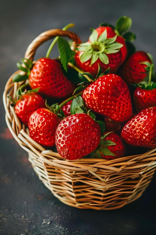ai généré brillant rouge des fraises dans une panier photo