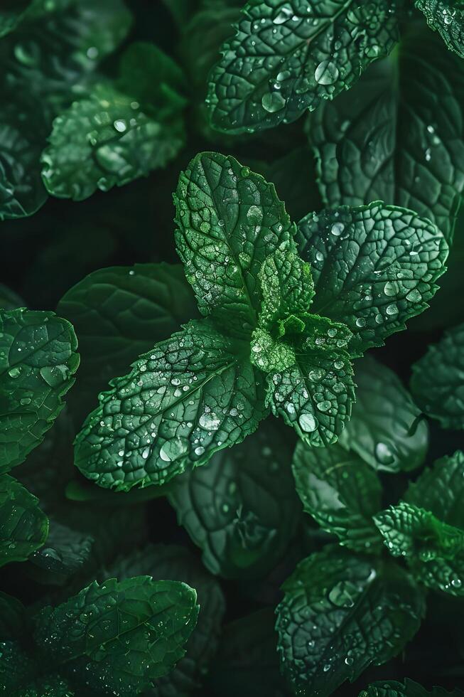 ai généré menthe feuilles avec l'eau gouttelettes photo