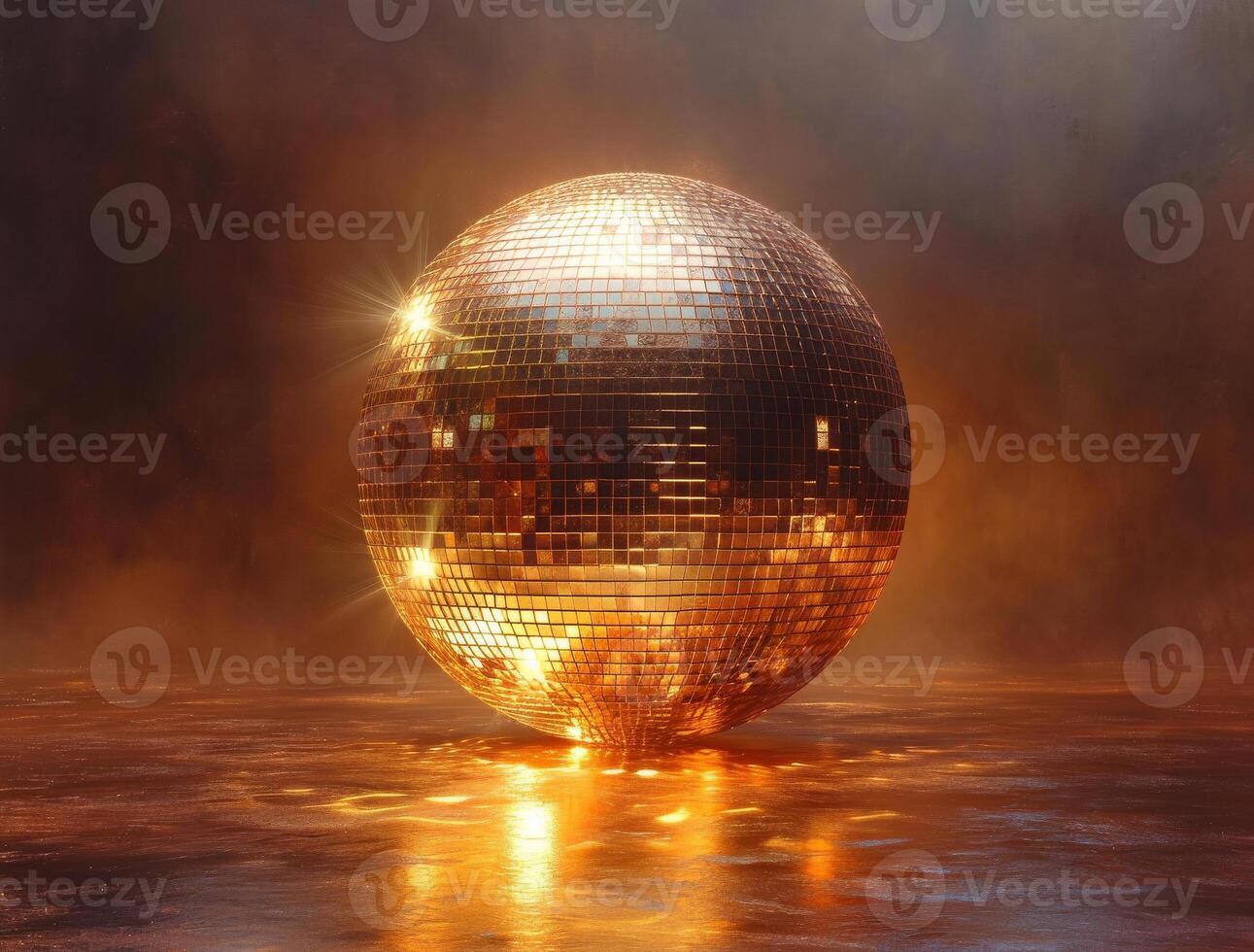 ai généré disco Balle sur reflétant surface. disco Balle contre une d'or Contexte photo