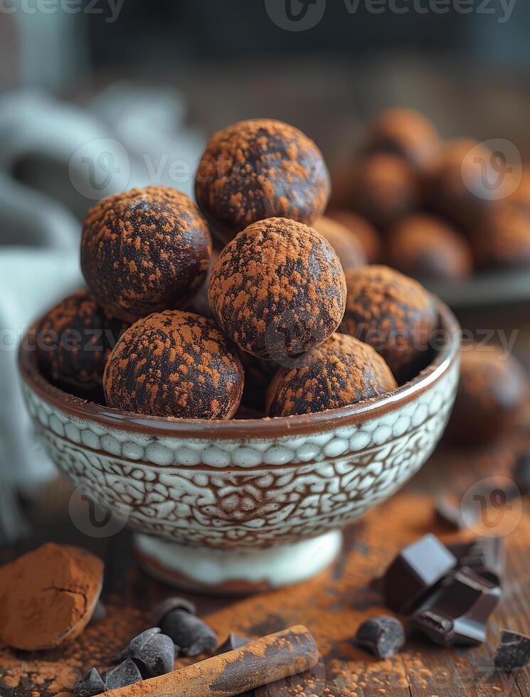 ai généré Chocolat truffes dans bol sur en bois table photo