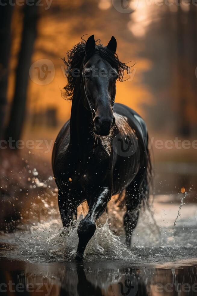 ai généré une noir cheval court par le l'eau. noir cheval court dans le l'eau dans l'automne photo