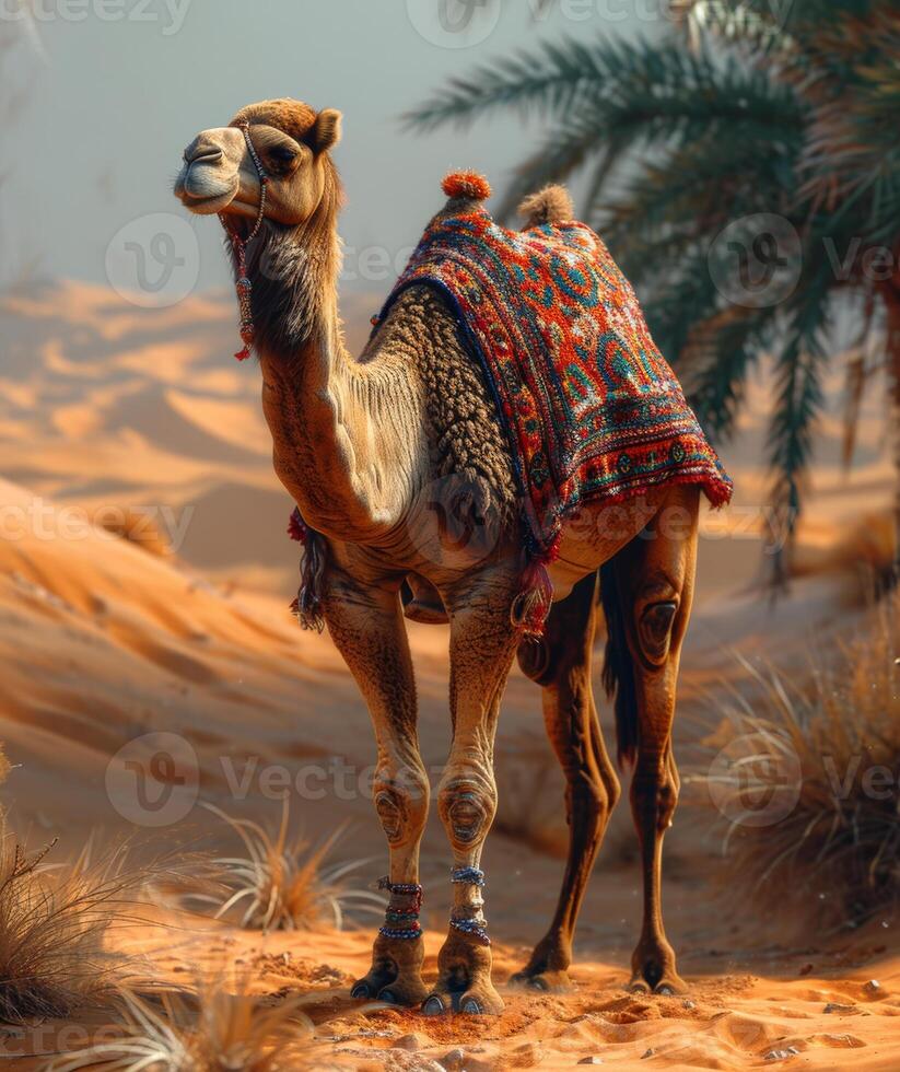 ai généré chameau permanent dans le désert avec magnifique selle tissu couvrant photo