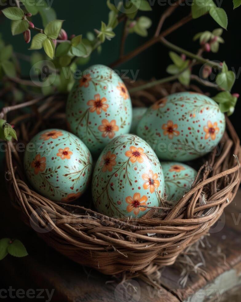 ai généré Pâques des œufs dans nid sur en bois table photo