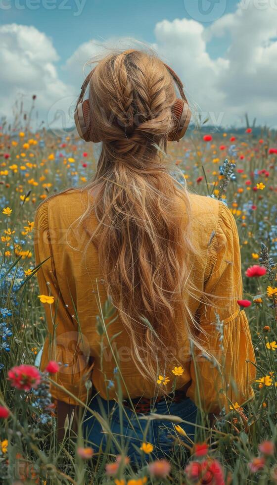ai généré fille séance dans fleur champ avec sa cheveux dans tresses photo