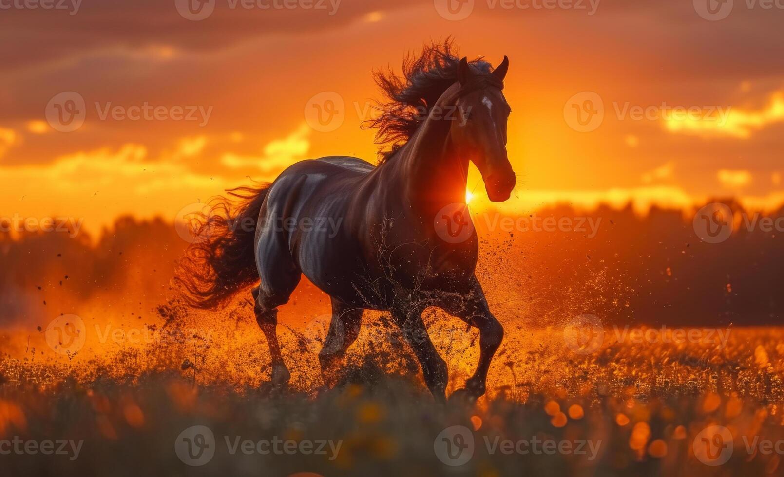 ai généré magnifique cheval court à travers le champ sur Contexte de le coucher du soleil photo